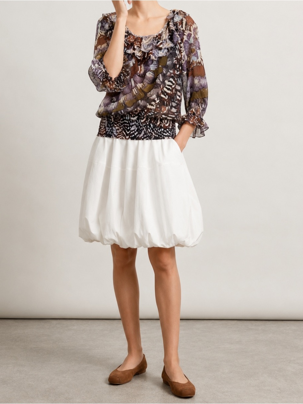 Ruffled Floral Abstract Blouse in Brown & Olive (0892)